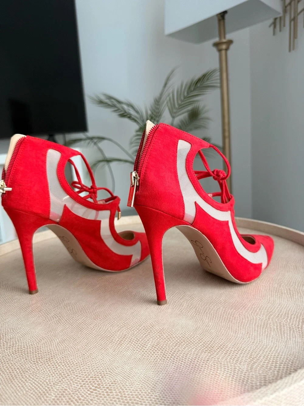 Red Suede Lace-Up Pointed-Toe Stiletto Heels